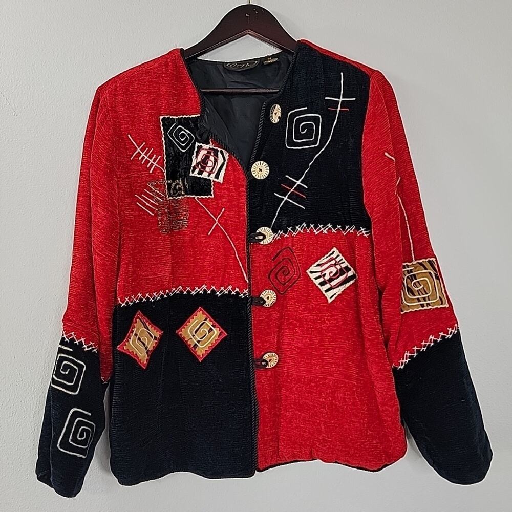 Alex Kim Women’s Medium Cardigan Jacket Red Black Velour Look‎ Patchwork